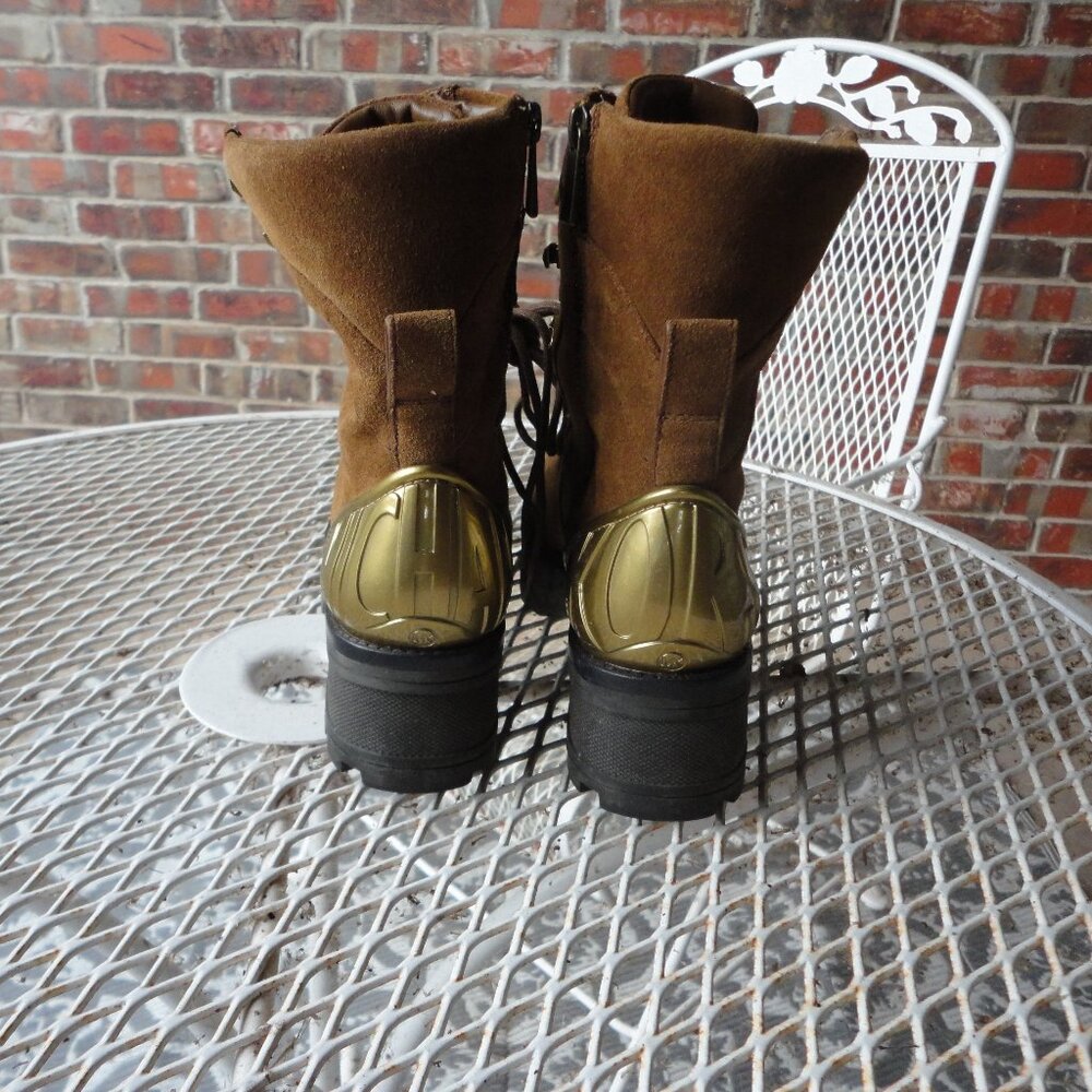 MICHAEL KORS "Khloe" Brown Suede Chunky Combat Boots with Gold Trim Size 7.5 - Picture 4 of 9